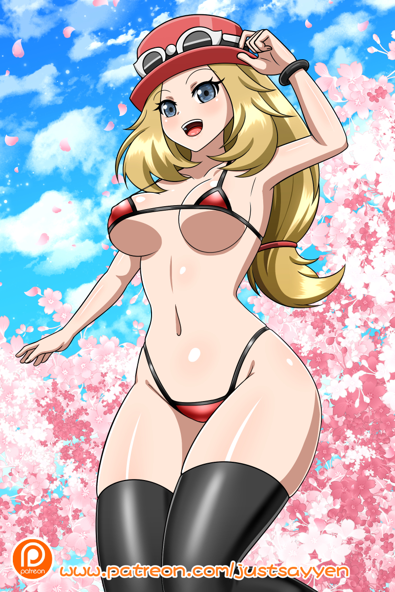 1girl alluring bikini blonde_hair blue_eyes blush breasts curvy_figure glasses hat long_hair micro_bikini nintendo pokemon pokemon_xy serena serena_(pokemon) serena_(pokemon_games) stockings sunglasses sunglasses_on_hat sunglasses_on_head thick_thighs thigh_gap thighs under_boob yensh