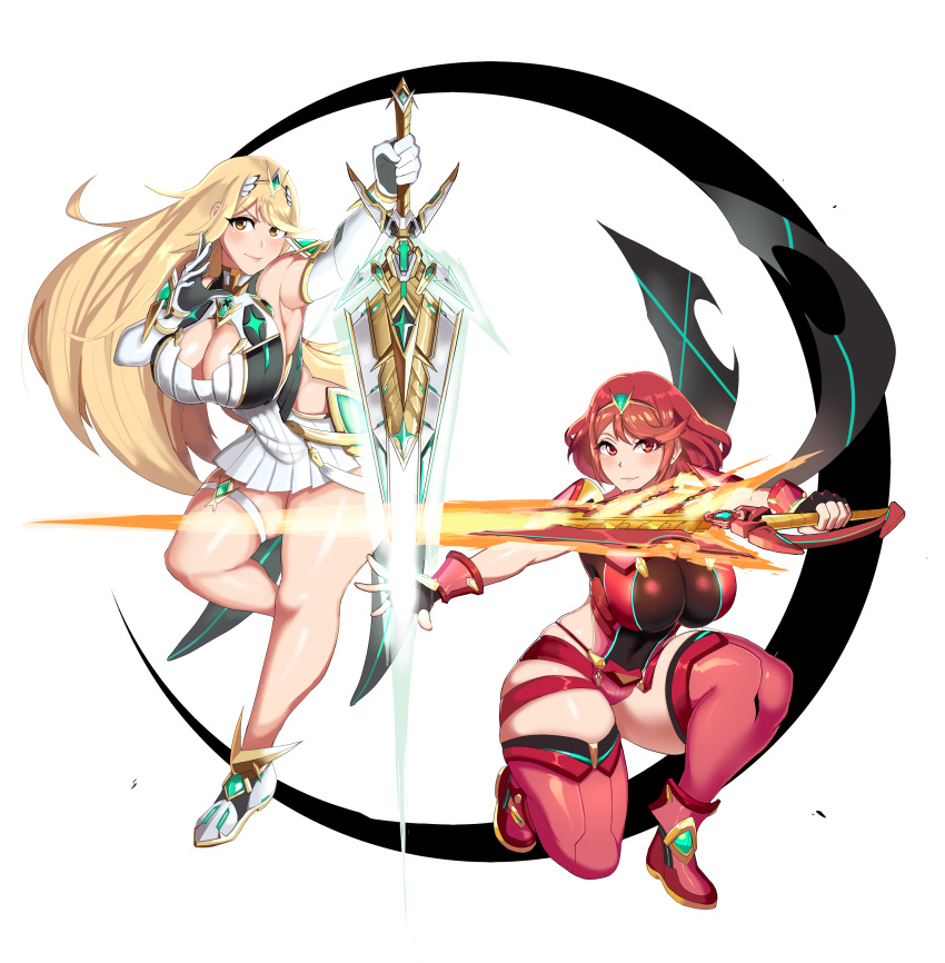 2_girls absurd_res alluring big_breasts blonde_hair blush cleavage cleavage_cutout clothing_cutout female_focus fingerless_gloves full_body gloves high_res linkxs long_hair looking_at_viewer matching_hair/eyes medium_hair multiple_girls mythra pyra red_eyes red_hair stockings sword thick_thighs thigh_strap thighs weapon xenoblade_(series) xenoblade_chronicles_2 yellow_eyes