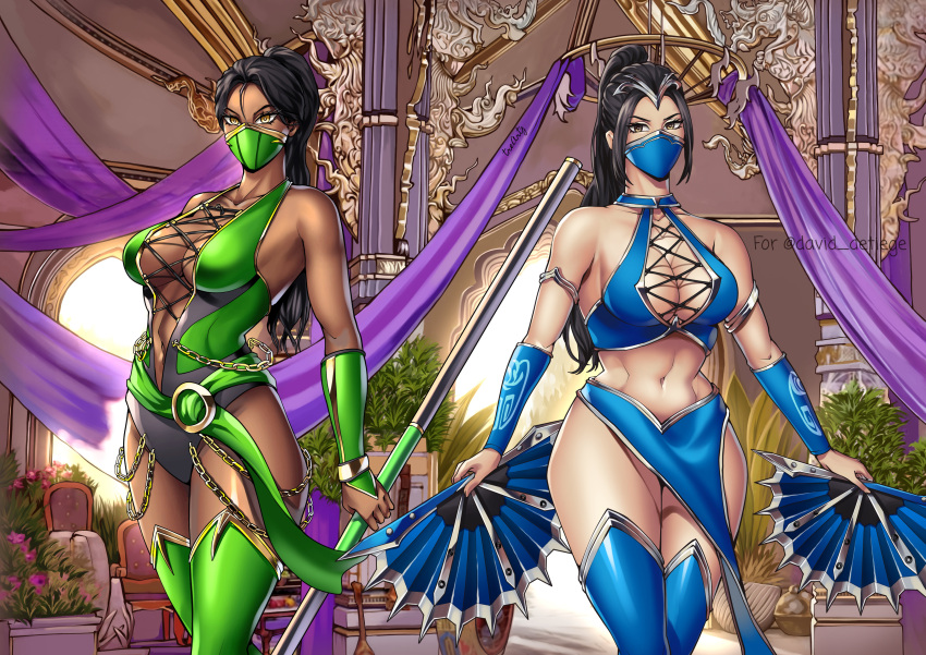 2_girls alluring athletic_female big_breasts black_hair bladed_fan bladed_weapon blue_outfit chocolate_and_vanilla cleavage clothed commission dark-skinned_female dark_skin detailed_background edenian face_mask fan female_abs female_only fit_female green_outfit jade_(mortal_kombat) kitana light-skinned_female light_skin long_hair looking_at_viewer midway_games mortal_kombat mortal_kombat_1_(2023) mortal_kombat_4 mortal_kombat_armageddon mortal_kombat_deadly_alliance mortal_kombat_deception mortal_kombat_ii staff stockings thigh_high_boots thighs thotlerrr treartz ultimate_mortal_kombat_3