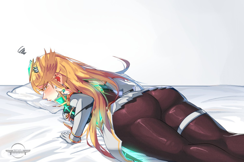 alternate_costume ass ass_cleavage ass_focus back back_view backless_outfit big_breasts black_legwear blonde_female blonde_hair bodystocking breast_press breast_squish breasts bubble_butt dedhed_art earrings elbow_gloves garter_straps large_ass long_hair looking_back monolith_soft mythra nintendo official_alternate_costume on_stomach pout short_skirt stockings sweatdrop thick_ass thick_thighs thigh_strap tiara tight_clothing tights white_shirt xenoblade_(series) xenoblade_chronicles_2