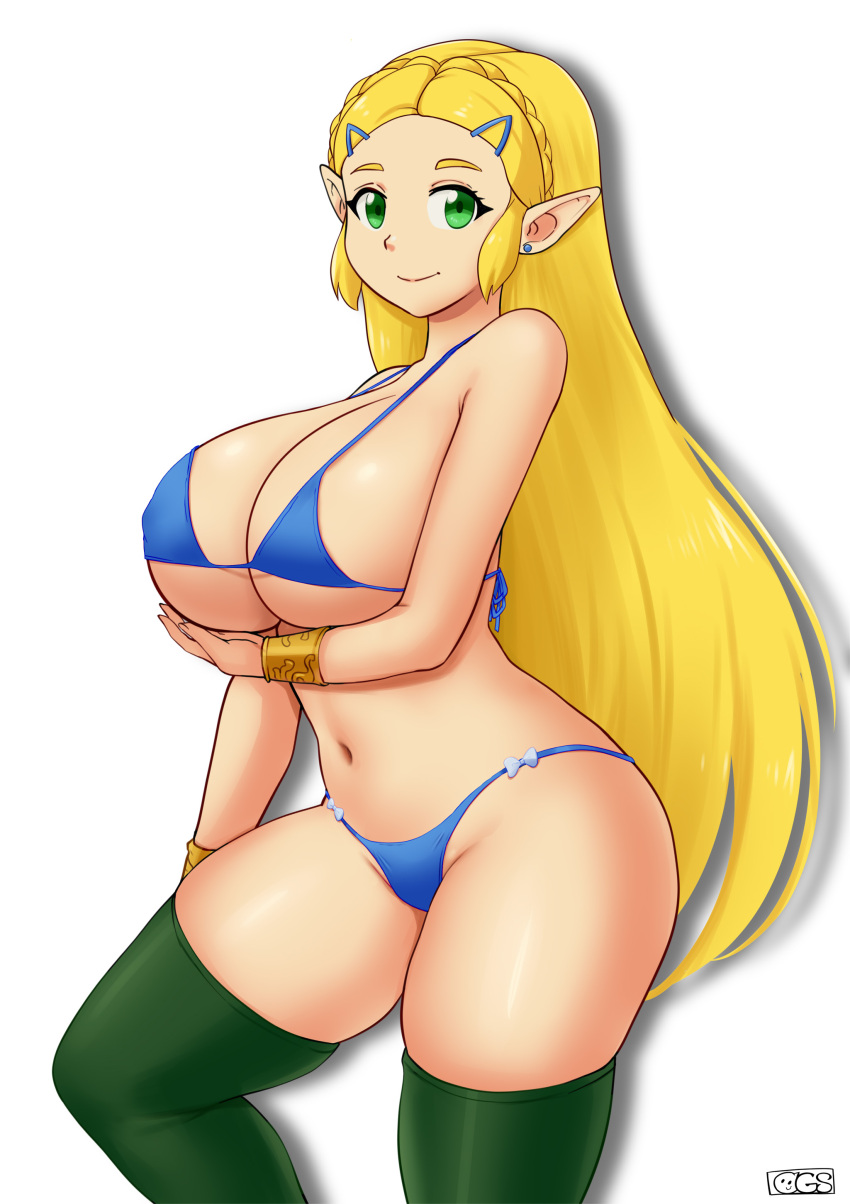 1girl alluring big_breasts bikini blonde_hair cleavage green_eyes gummslime nintendo princess_zelda stockings the_legend_of_zelda the_legend_of_zelda:_tears_of_the_kingdom under_boob