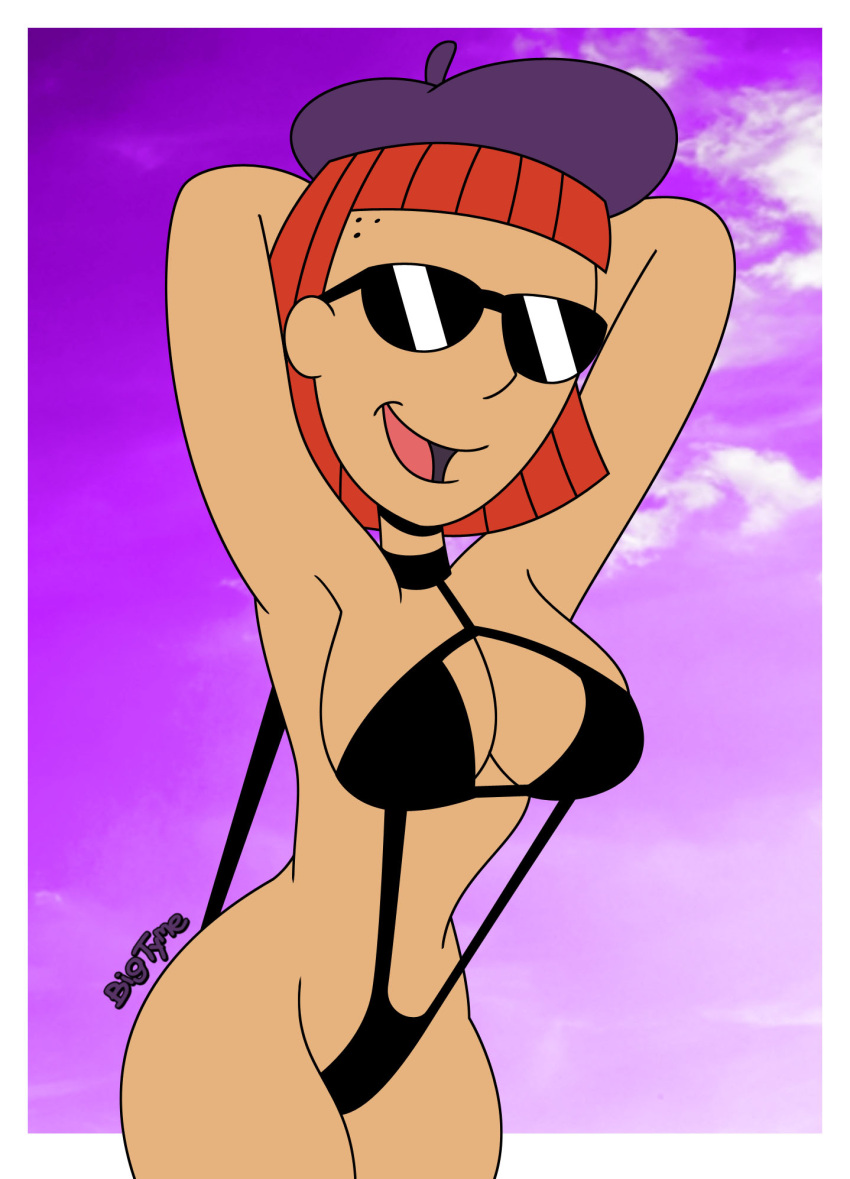 1girl 1girl arms_behind_head beret bigtyme breasts doug judy_funnie looking_at_viewer open_mouth partially_nude seductive string_bikini sunglasses teasing