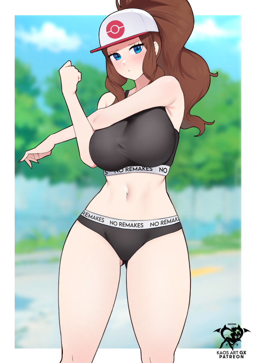 1girl alluring bare_legs big_breasts blue_eyes brown_hair creatures_(company) game_freak hat hilda hilda_(pokemon) kaos_art nintendo outside pokemon pokemon_(anime) pokemon_(game) short_gym_shorts sports_bra sweat touko touko_(pokemon)