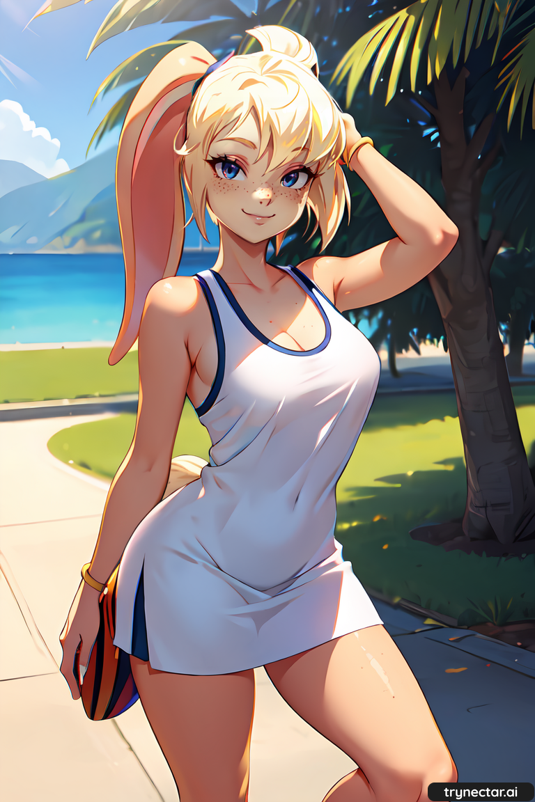 1girl ai_generated arms arms_behind_back blonde_hair lola_bunny long_hair looney_tunes ponytail purple_eyes smile trynectar.ai