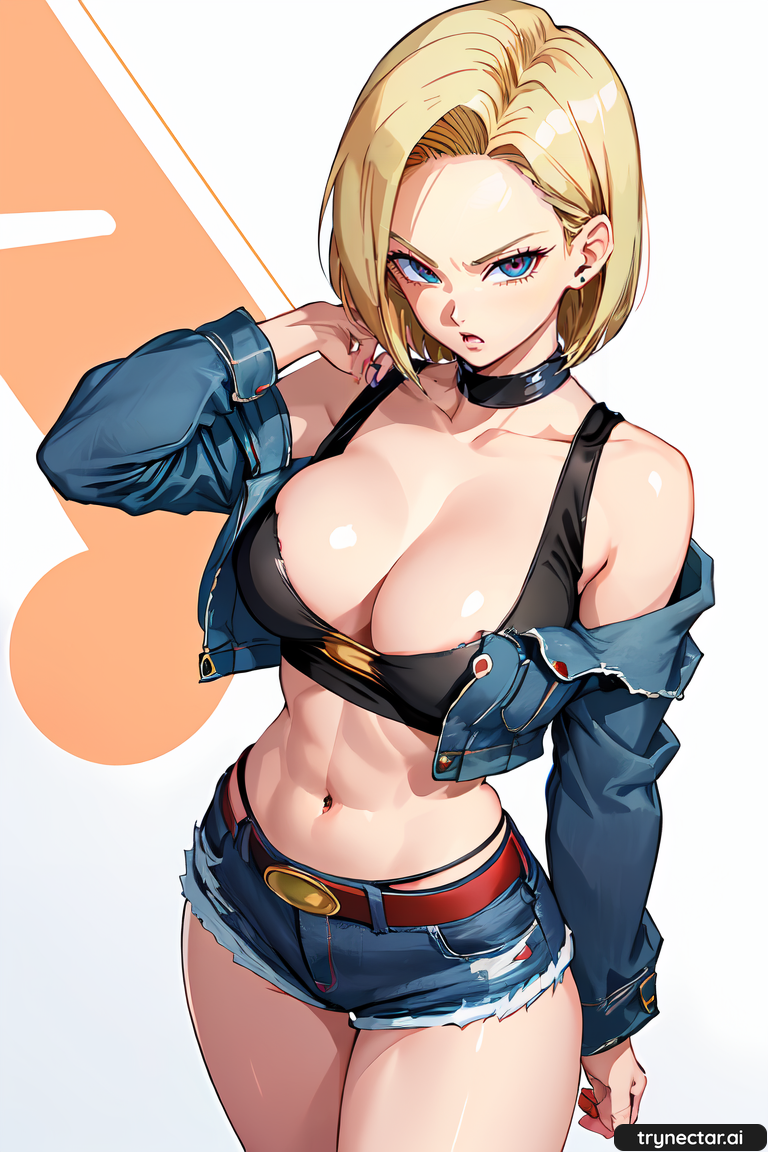 1girl blonde_hair blue_eyes breast cleavage denim_shorts jacket short_hair