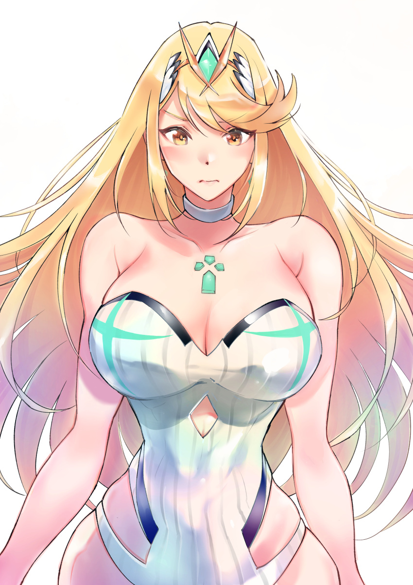 1girl absurd_res alluring big_breasts blonde_hair chest_jewel gem headpiece high_res long_hair mythra mythra_(radiant_beach)_(xenoblade) nintendo one-piece_bikini ribbed_bikini strapless strapless_one-piece_bikini striped_clothes striped_one-piece_bikini swept_bangs swimsuit tiara two-tone_swimsuit ug333333 vertical-striped_clothes vertical-striped_one-piece_bikini very_long_hair white_one-piece_swimsuit xenoblade_(series) xenoblade_chronicles_2 yellow_eyes