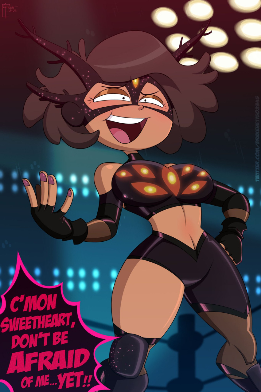 1girl amphibia artist_name big_breasts brown_hair core_(amphibia) dark-skinned_female dialogue disney disney_channel disney_xd female_only great_dude luchadora milf mrs._boonchuy oum_boonchuy solo_female speech_bubble straight_hair text wrestler wrestling_mask wrestling_outfit wrestling_ring