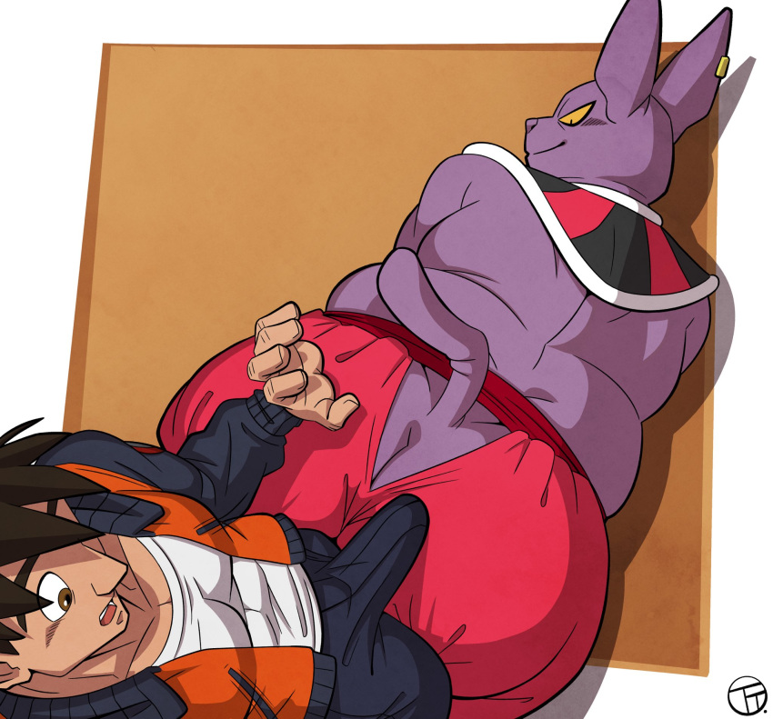 2boys alien anthro ass bent_over big_ass boner brown_hair champa clothed clothing domestic_cat dragon_ball dragon_ball_super duo erection erection_under_clothing felid feline felis hair high_res human male male/male male_only mammal muscular muscular_human muscular_male overweight purple_body trashtoonz yaoi yaoi yellow_eyes