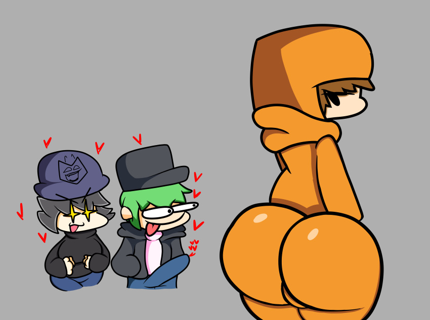 &gt;:3 1girl 2023 2boys ass big_ass big_ass_(male) blox1010(oc) brown_hair funny green_hair hiper_(oc) mr.jeffrey orange_hat pog poggers