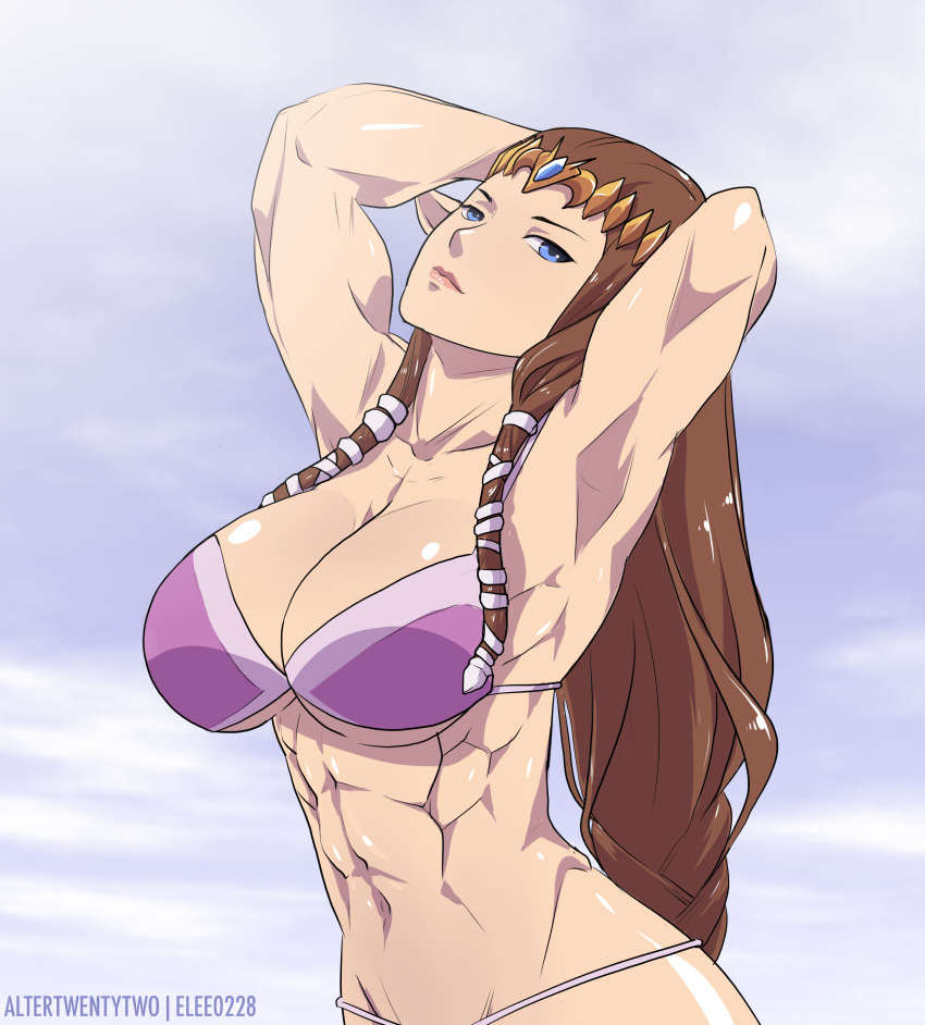 1girl 1girl 1girl alluring alter-22 altertwentytwo arms_behind_head athletic_female biceps big_breasts big_breasts blue_eyes braid brown_hair brunette circlet cleavage elee0228 elf female_abs female_only fit_female hair lips long_hair looking_at_viewer navel nintendo pointy_ears princess_zelda shiny shiny_skin the_legend_of_zelda very_long_hair zelda_(twilight_princess)