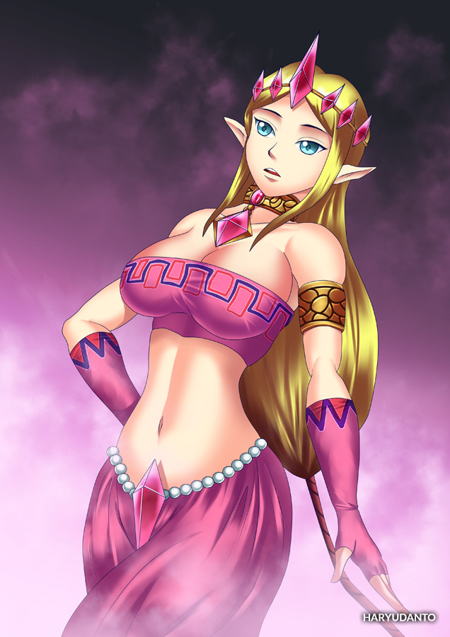 1girl 1girl 1girl alluring belly_dancer belly_dancer_outfit big_breasts blonde_hair blue_eyes crown dancer dancer_outfit detailed_background female_only fingerless_gloves gerudo_outfit harem_girl harem_outfit harem_pants haryudanto hylian jewelry long_gloves long_hair nintendo pointy_ears princess_zelda royalty the_legend_of_zelda tubetop zelda_(hyrule_warriors)