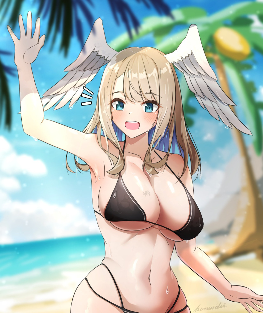 1girl 1girl alluring beach big_breasts bikini blue_eyes blue_pupils blush breast_tattoo eunie_(xenoblade) head_wings high_res kanuici336 long_hair swimsuit tattoo wings xenoblade_(series) xenoblade_chronicles_3