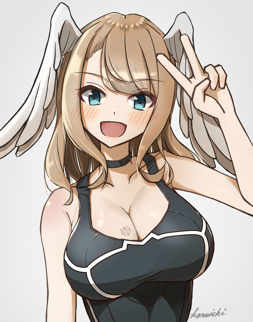 1girl 1girl alluring big_breasts black_bodysuit black_choker blue_eyes blush bodysuit breast_tattoo brown_hair choker cleavage dot_nose eunie_(xenoblade) grey_background head_wings high_res kanuici336 looking_at_viewer medium_hair open_mouth signature simple_background smile swept_bangs tattoo wings xenoblade_(series) xenoblade_chronicles_3