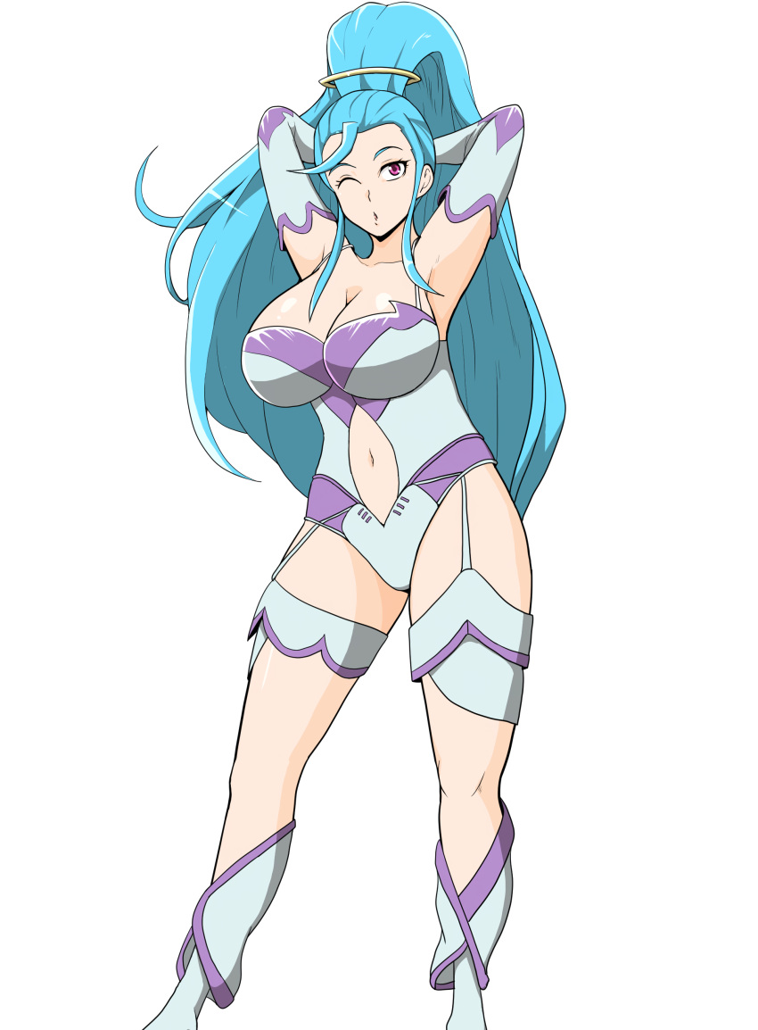 1girl absurd_res alluring amazon_pandora armor big_breasts bikini_armor blue_hair cleavage clothing_cutout high_res kid_icarus kid_icarus_uprising leotard long_hair maeharasan4 navel_cutout nintendo one_eye_closed ponytail purple_eyes tagme thick_thighs thighs white_background wide_hips wink