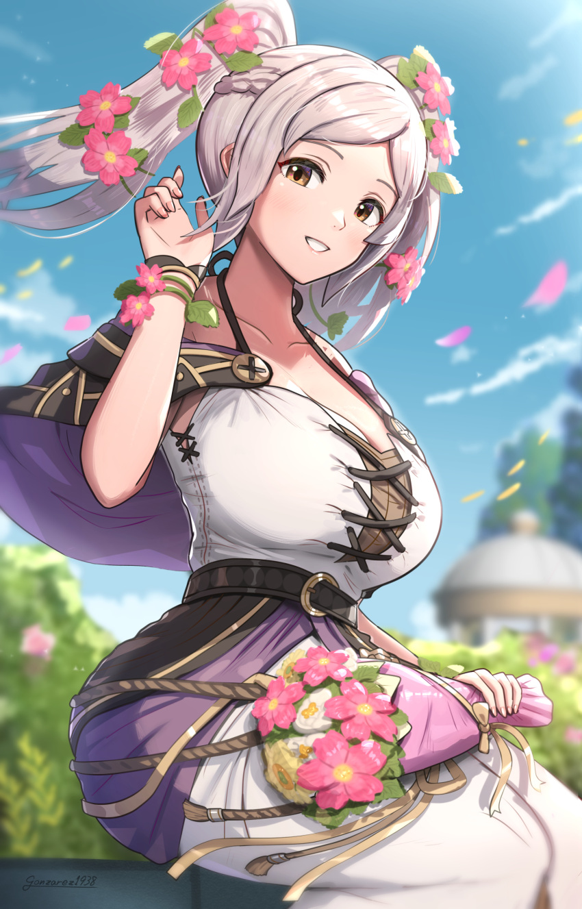 1girl absurd_res alluring big_breasts brown_eyes dress fire_emblem fire_emblem_awakening flowers_on_head gonzarez high_res robin_(fire_emblem) robin_(fire_emblem)_(female) silver_hair twin_pigtails