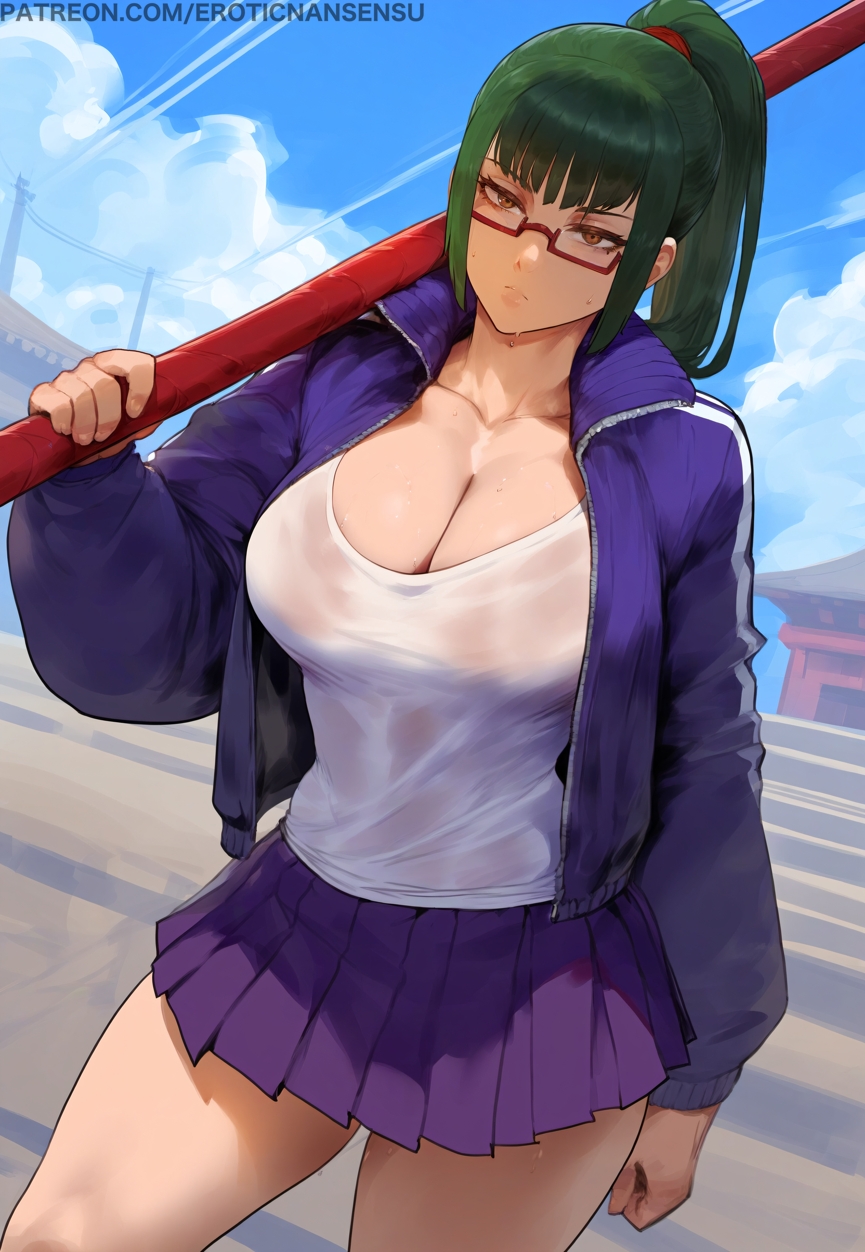 1girl ai_assisted ai_generated artist_name big big_breasts big_breasts big_thighs blunt_bangs brown_eyes brown_hair cleavage clothed clothing color east_asian_architecture erotic_nansensu eyewear from_below glasses green_hair holding_spear holding_weapon jacket jujutsu_kaisen looking_at_viewer miniskirt open_jacket outside patreon_username pleated_skirt polearm ponytail skirt spear sweat tank_top thick_thighs track_jacket under-rim_eyewear weapon weapon_over_shoulder white_shirt zenin_maki