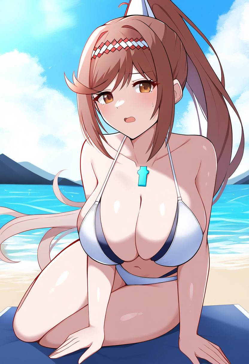 1girl alluring bare_legs big_breasts blue_sky cleavage core_crystal glimmer_(xenoblade) nightcore_(artist) nintendo ocean on_beach_towel pin_up ponytail red_hair xenoblade_(series) xenoblade_chronicles_3 yellow_eyes