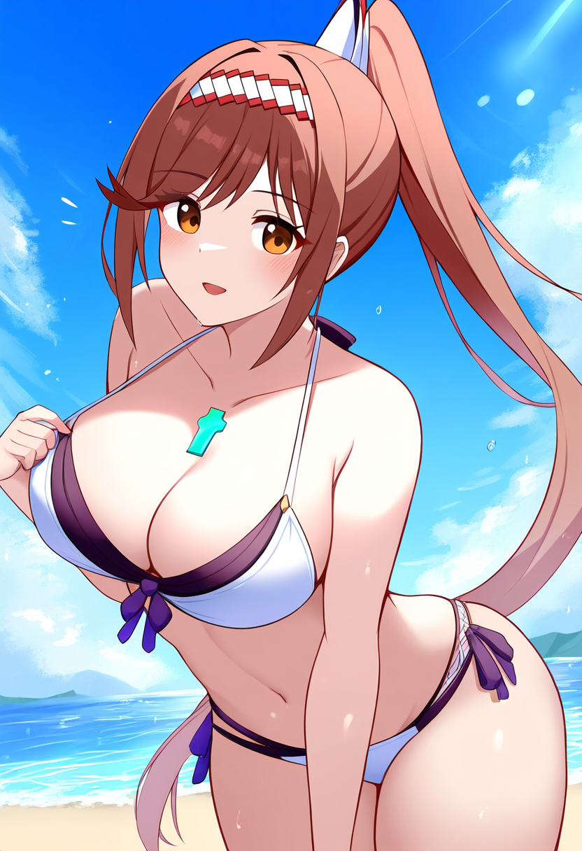 1girl alluring beach big_breasts blue_sky cleavage core_crystal glimmer_(xenoblade) nightcore_(artist) nintendo ocean pin_up ponytail red_hair xenoblade_(series) xenoblade_chronicles_3 yellow_eyes