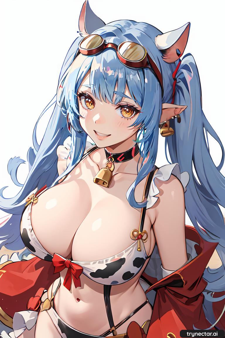 1girl animal_ears animal_print bare_shoulders big_breasts bikini blue_hair breasts cleavage cow_ears cow_girl cow_print goggles goggles_on_head light_blue_hair looking_at_viewer neck_bell pointy_ears print_bikini red_coat swimsuit twin_tails yellow_eyes