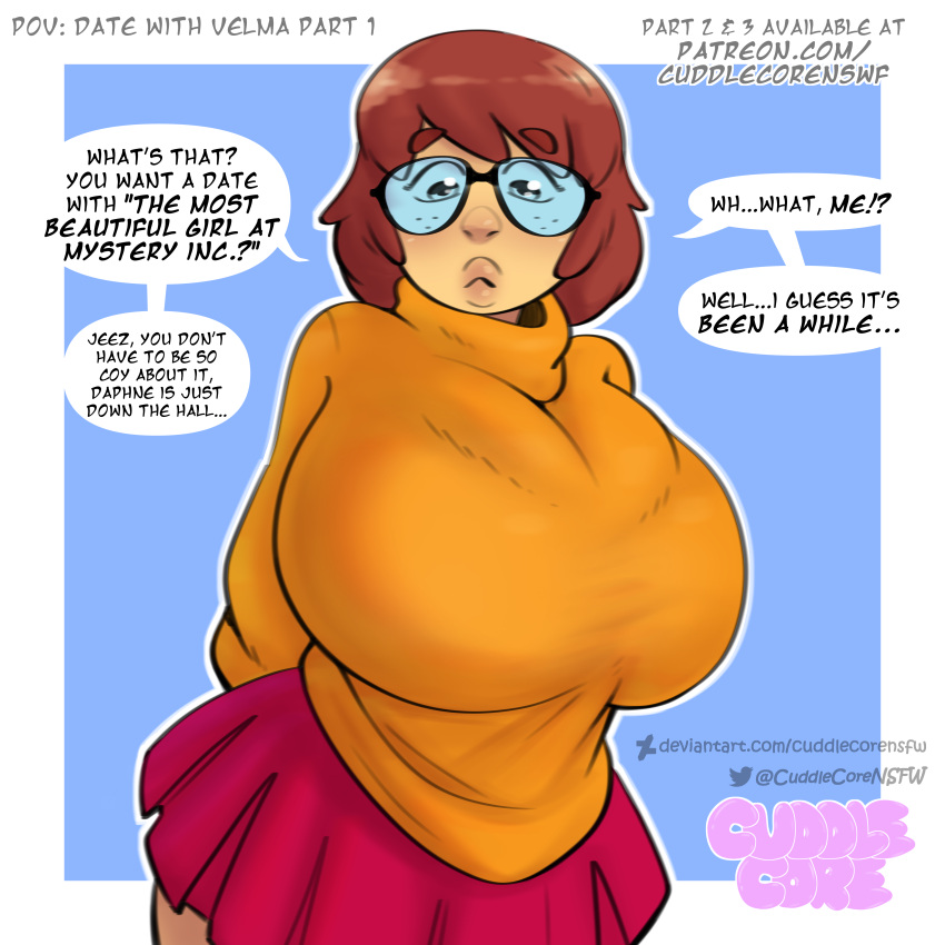 1girls 2023 2d 2d_(artwork) big_breasts breasts brown_eyes brown_hair cuddlecore dialogue female_focus female_only freckles glasses hanna-barbera high_res high_res high_resolution huge_breasts imminent_sex pov pov_eye_contact scooby-doo speech_bubble surprised sweater thick top_heavy turtleneck turtleneck_sweater velma_dinkley