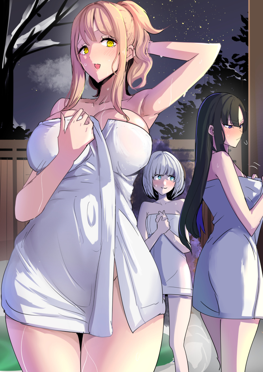 3_girls armpits bare_tree big_breasts black_hair blush breasts clash_kuro_neko colored_inner_hair emma_(nikke) eunhwa_(nikke) goddess_of_victory:_nikke green_eyes grey_hair high_res light_brown_hair long_hair multicolored_hair multiple_girls naked_towel night onsen purple_eyes purple_hair small_breasts sweatdrop towel tree vesti_(nikke) wet wide_hips