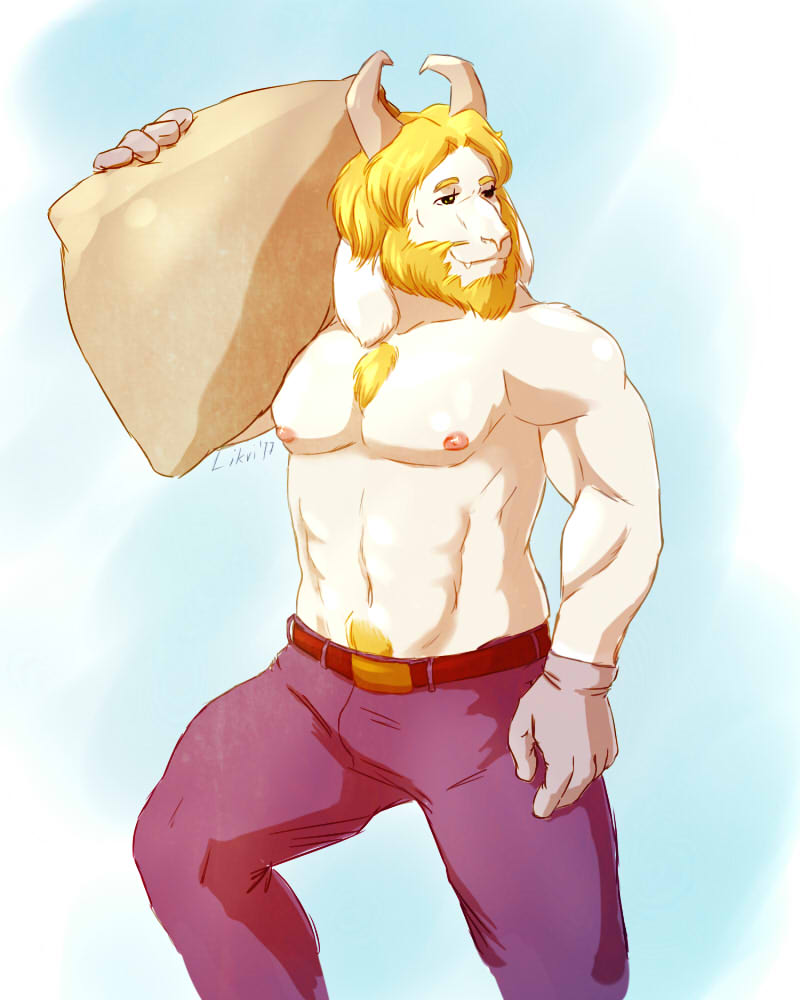 1boy 2010s 2017 2d 2d_(artwork) anthro anthro_only artist_name asgore_dreemurr bara beard belt blonde blonde_hair boss_monster bottomwear breasts caprine carrying carrying_bag carrying_object chest_hair chest_tuft dad_bod digital_media_(artwork) dilf floppy_ears furaffinity furry furry_male furry_only gloves goat goat_ears goat_horns hair horns likri male male_anthro male_nipples male_only mammal mature mature_anthro mature_male monster monster_boy muscle muscular_anthro muscular_male nipples pecs solo_anthro solo_male topless topless_anthro topless_male undertale undertale_(series) video_game_character video_games