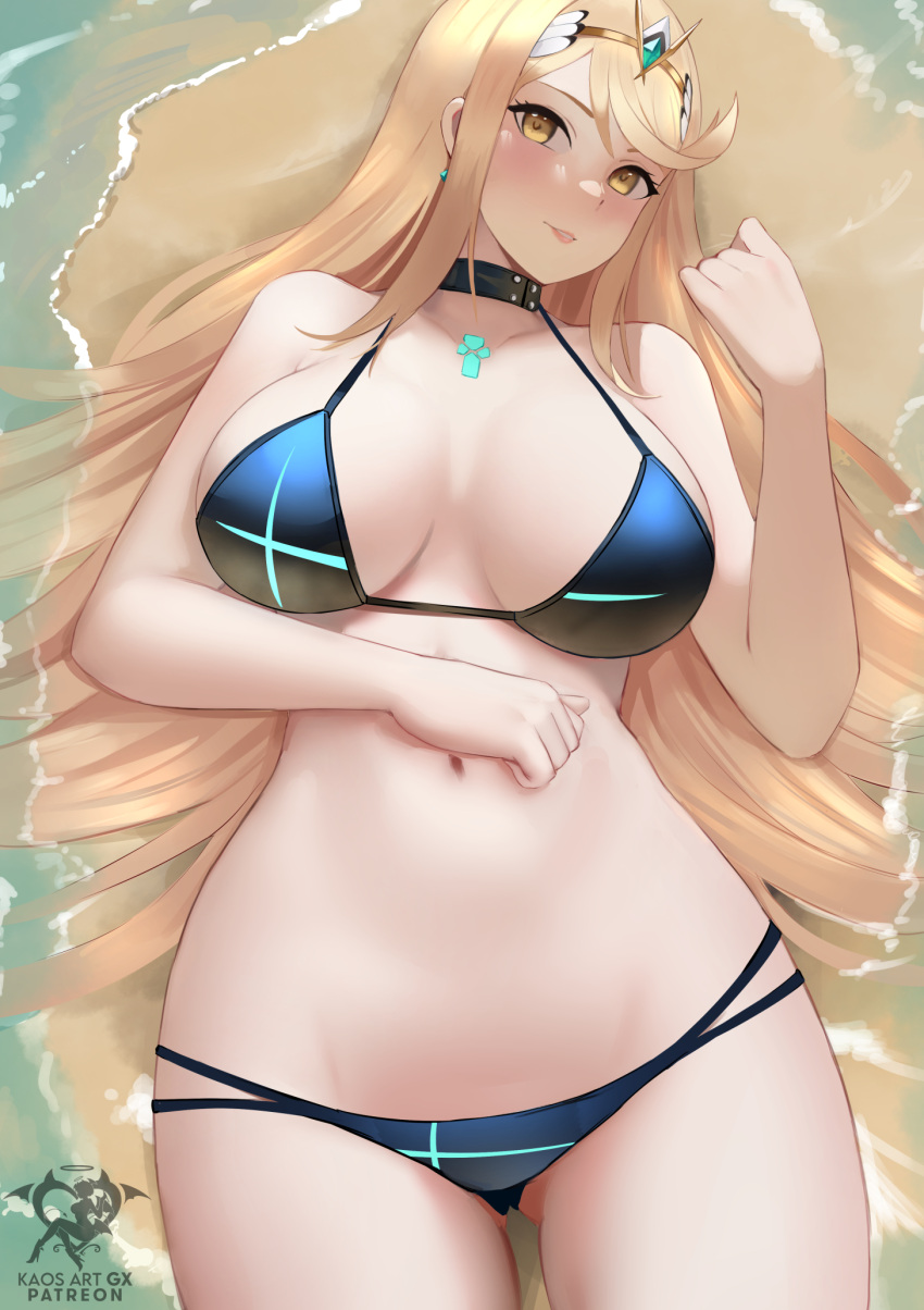 1girl 1girl 1girl alluring alternate_costume beach big_breasts bikini blonde_hair cleavage core_crystal female_only kaos_art mythra nintendo xenoblade_(series) xenoblade_chronicles_2