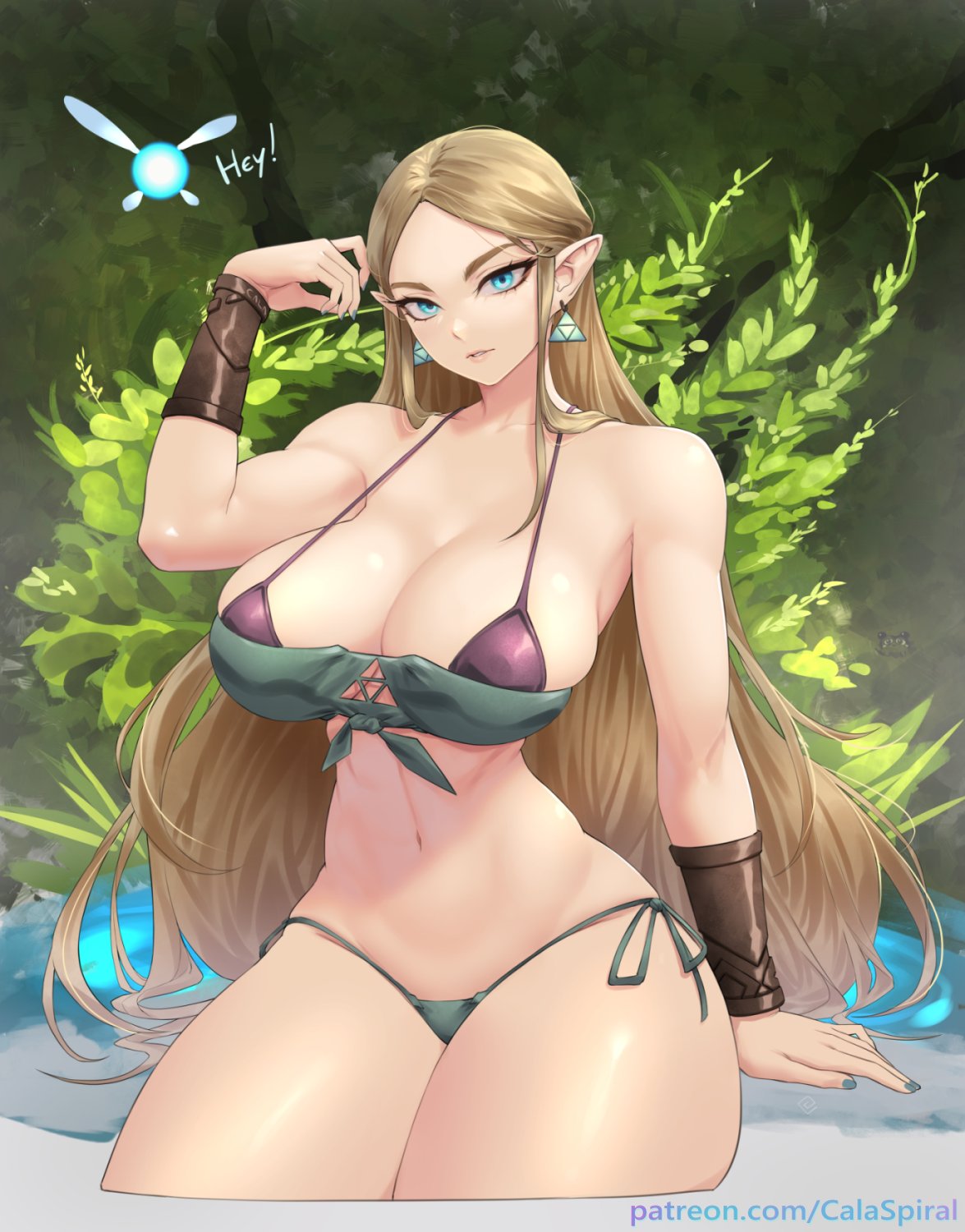 1girl 1girl 1girl alluring aqua_eyes armwear big_breasts bikini blonde_hair calad_g earrings female_only high_res long_hair looking_at_viewer navi nintendo pointy_ears princess_zelda the_legend_of_zelda thick_thighs toned toned_female