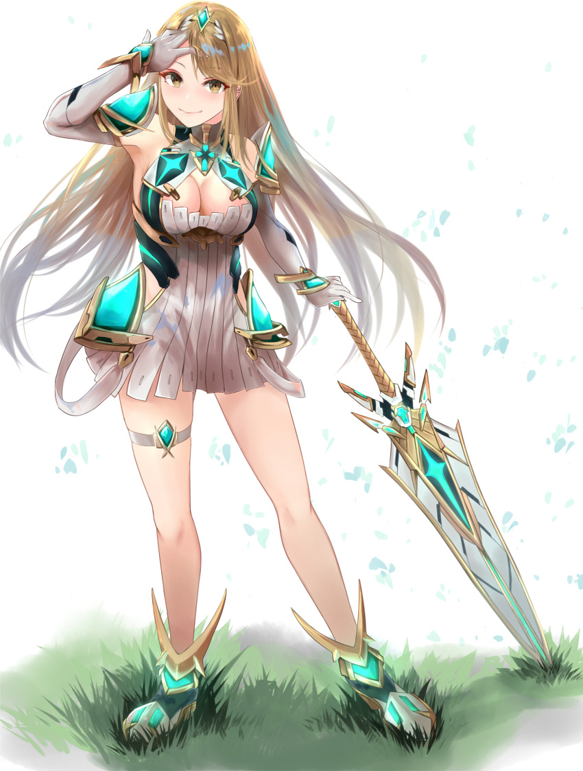 1girl 1girl absurd_res aegis_sword_(xenoblade) bare_legs bare_shoulders big_breasts blonde_hair chest_jewel cleavage cleavage_cutout clothing_cutout dress earrings elbow_gloves gem gloves headpiece high_res jewelry long_hair mythra sail_(sail-away) short_dress swept_bangs thigh_strap thighs tiara very_long_hair white_dress white_footwear white_gloves xenoblade_(series) xenoblade_chronicles_2 yellow_eyes