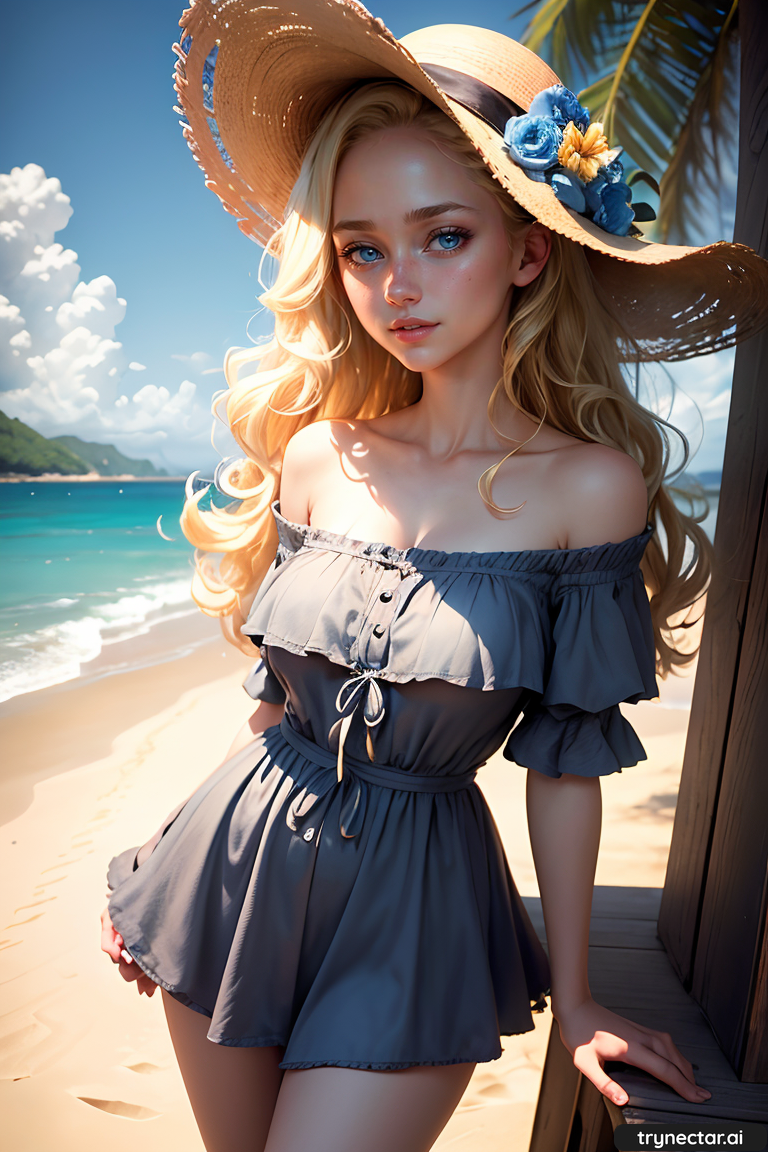 1girl ai_generated bare_shoulders blonde_hair blue_eyes dress female_only hat long_hair ocean trynectar.ai