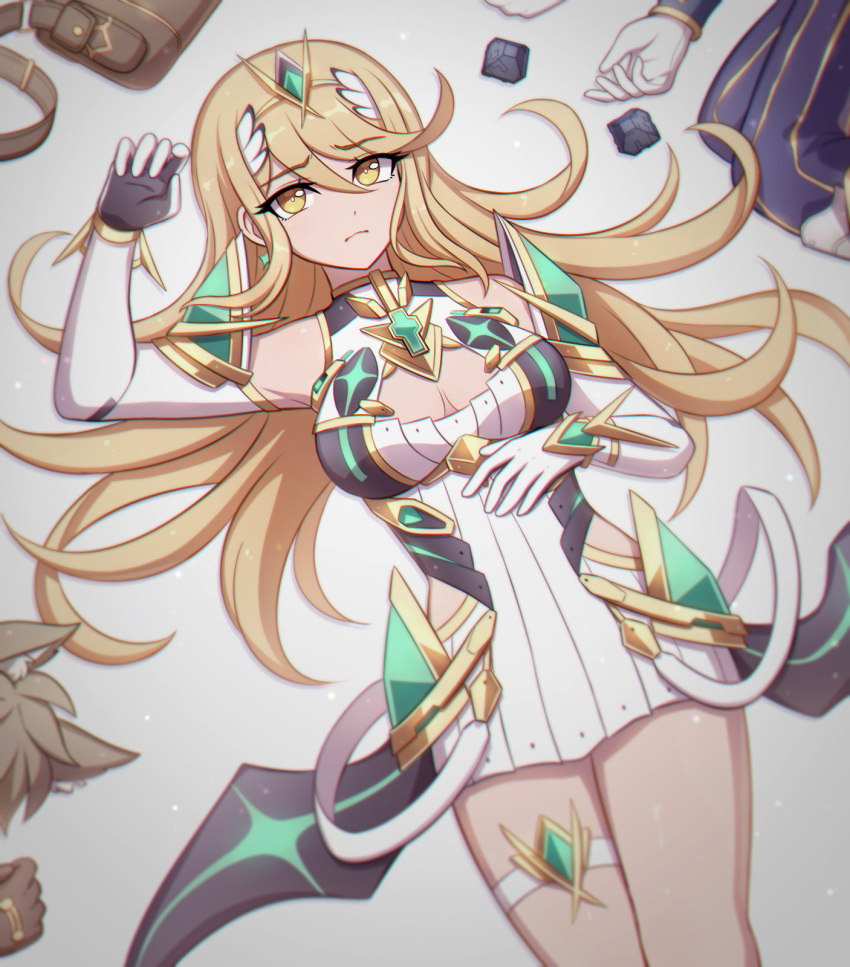 1girl alluring animal_ears bag bare_shoulders big_breasts blonde_hair breasts brown_bag cleavage closed_mouth elbow_gloves enni fox_ears gloves hair_between_eyes high_res long_hair looking_at_viewer lying medium_breasts mythra on_back shoulder_bag tiara white_gloves xenoblade_(series) xenoblade_chronicles_2 yellow_eyes