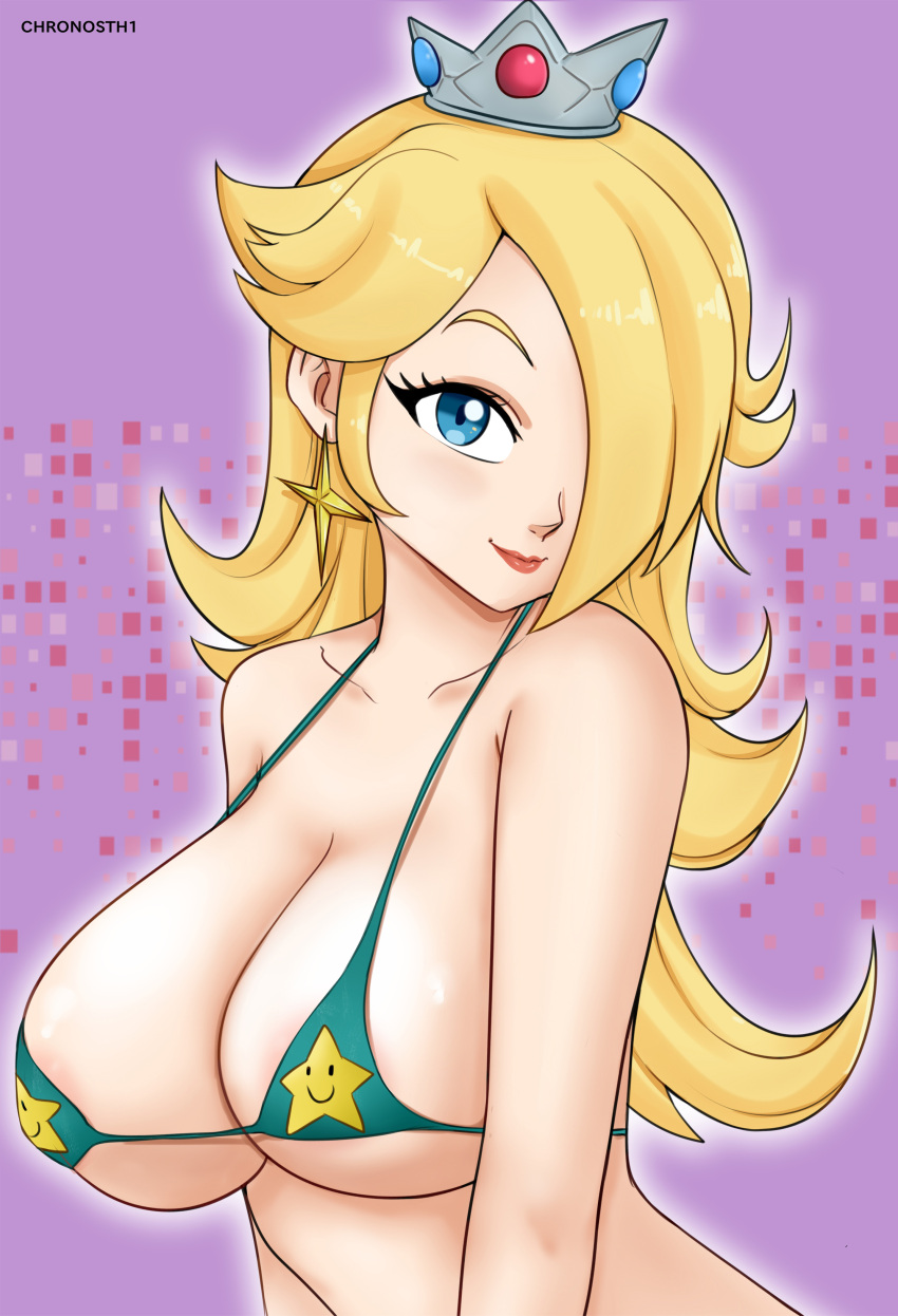 1girl alluring bikini blonde_hair blue_eyes crown gummslime gumroad nintendo pin_up princess_rosalina royalty super_mario_bros. under_boob