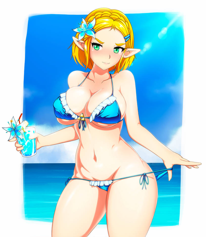 1girl alluring bikini blonde_hair blush braid cleavage cup day drink drinking_glass elf flower flower_on_head green_eyes looking_at_viewer navel pointy_ears princess_zelda shiny_skin sidelocks smile standing swimsuit the_legend_of_zelda the_legend_of_zelda:_tears_of_the_kingdom thighs triforce water