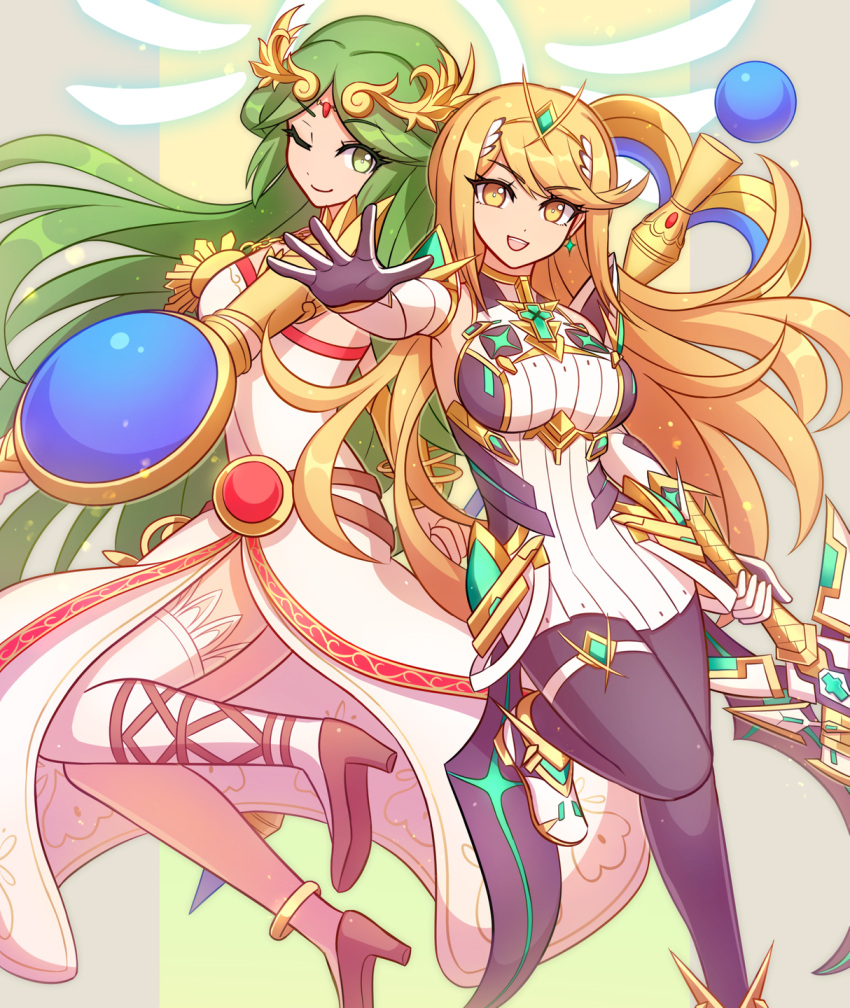 2_girls ancient_greek_clothes armlet bare_shoulders belt big_breasts big_breasts black_legwear blonde_hair chest_jewel chiton dress earrings elbow_gloves enni female_focus forehead_jewel gem gloves green_eyes green_hair headpiece high_heels jewelry kid_icarus kid_icarus_uprising laurel_crown legs long_hair long_legs looking_at_viewer matching_hair/eyes multiple_belts multiple_girls mythra necklace nintendo one_eye_closed open_mouth palutena pantyhose parted_bangs pendant sandals shield short_dress side_slit single_thighhigh smile staff stockings strapless strapless_dress swept_bangs sword thigh_strap thighs tiara vambraces very_long_hair weapon white_dress white_footwear white_gloves white_legwear wink xenoblade_(series) xenoblade_chronicles_2 yellow_eyes