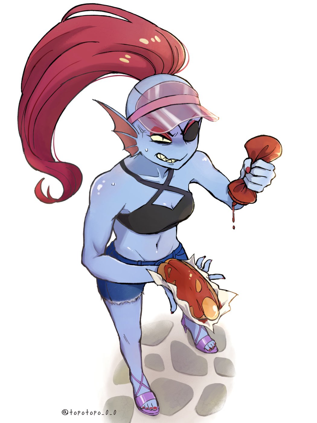 1girl 1girl 1girl 2020s 2023 2d 2d_(artwork) anger_vein angry anthro anthro_only artist_name ass black_topwear blue_body blue_bottomwear blue_shorts blue_skin bottomwear breasts cleavage clothed clothed_female clothing digital_media_(artwork) ear_fins eye_patch eyepatch female_anthro female_only fish fish_girl food hair hat headwear high_heels hot_dog hotdog ketchup_bottle marine midriff monster monster_girl non-mammal_breasts pink_high_heels red_hair shorts simple_background slit_pupils solo_anthro solo_female squeezing topotopo_0_0 topwear twitter twitter_username undertale undertale_(series) undyne video_game_character video_games white_background yellow_sclera