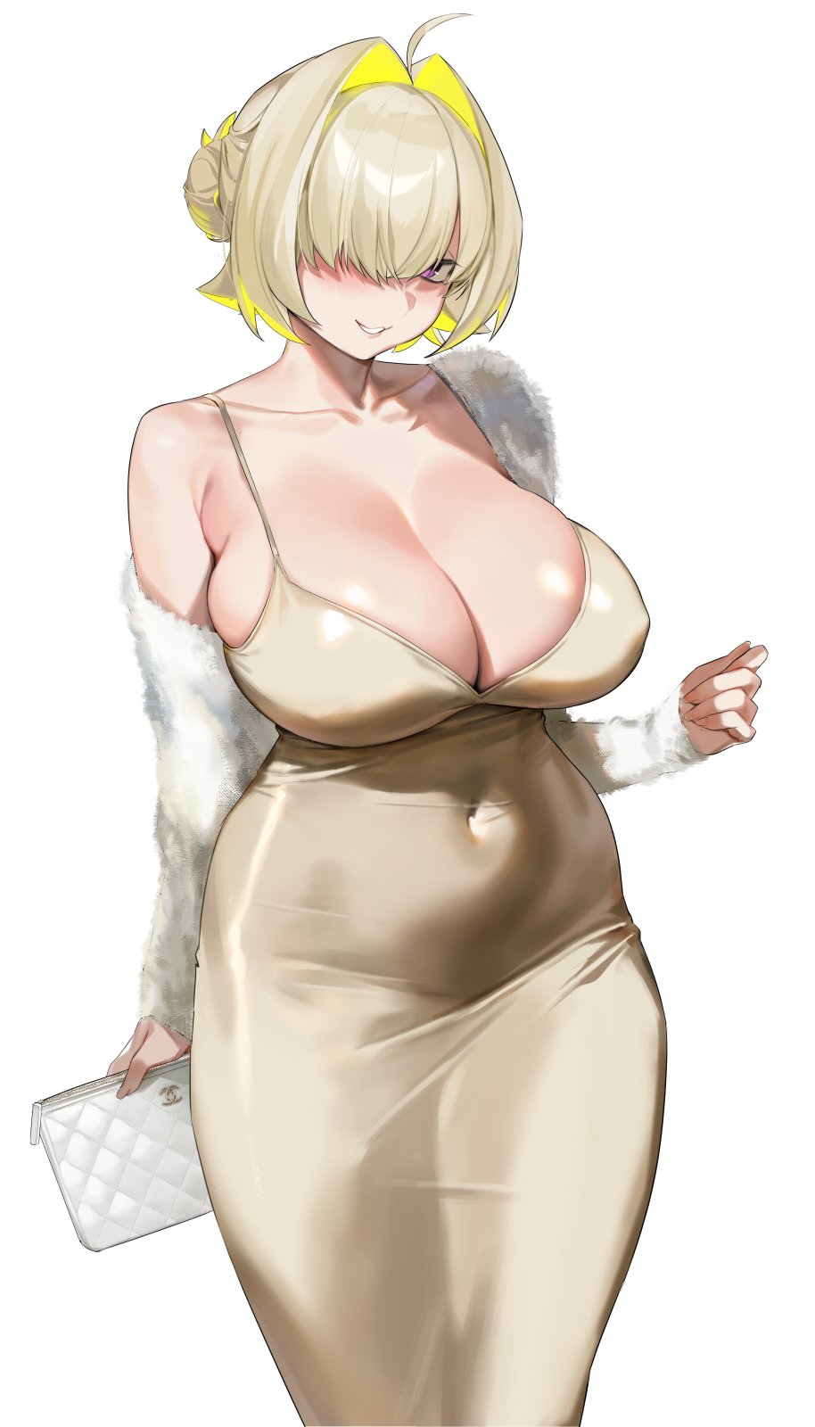 1girl 1girl ahoge alternate_costume armpit_crease blonde_hair blush breasts cleavage collarbone covered_navel dress elegg_(nikke) fur_jacket goddess_of_victory:_nikke hair_bun hair_intakes hair_over_one_eye high_res huge_breasts jacket light_brown_hair looking_at_viewer multicolored_hair one_eye_covered pinkmill simple_background single_bare_shoulder single_side_bun skindentation smile streaked_hair taut_clothes taut_dress two-tone_hair white_background