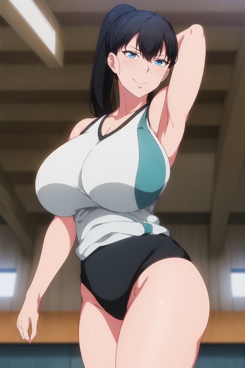 1girl 1girl ai_generated big big_breasts black_hair blue_eyes breasts light-skinned_female light_skin lokokabooster69 looking_at_viewer ponytail posing posing_for_the_viewer shuumatsu_no_harem smile smiling_at_viewer solo_female solo_focus toudou_akira_(shuumatsu_no_harem)