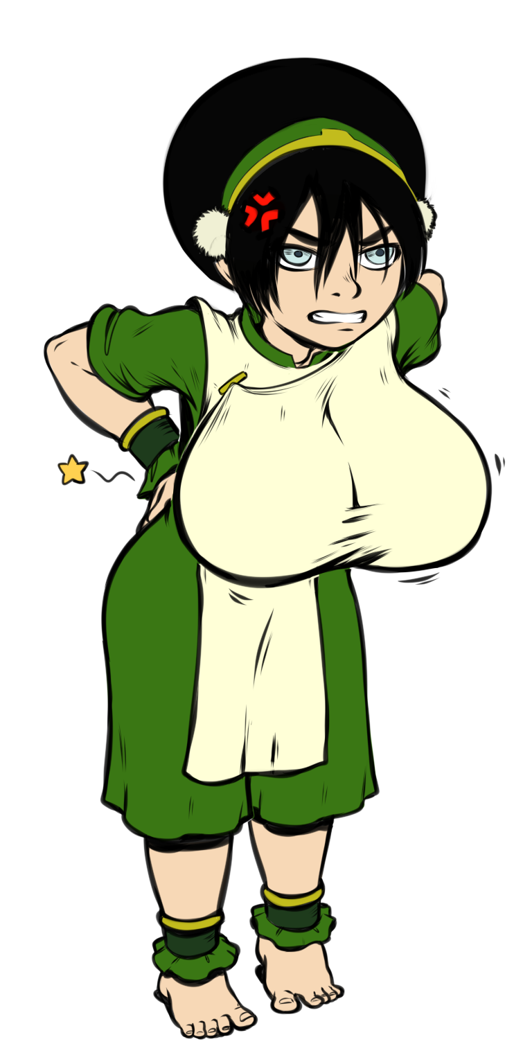 1girl angry avatar:_the_last_airbender avatar_legends back_pain barefoot black_hair blind breasts clenched_teeth goodbadartist hairband high_res huge_breasts oppai_loli teeth toph_bei_fong