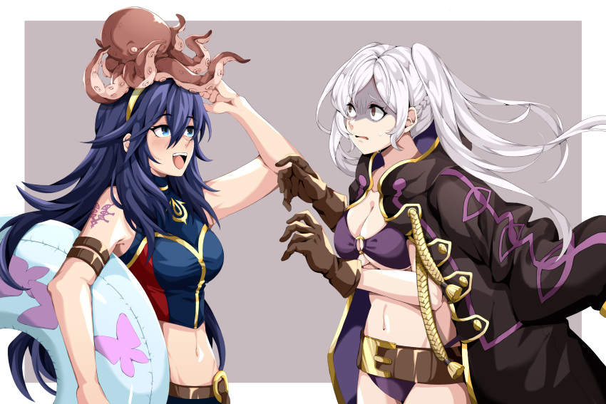 2_girls absurd_res alluring bikini blue_bikini blue_eyes blue_hair blush brand_of_the_exalt breasts brown_eyes brown_gloves cleavage coat coat_on_shoulders fire_emblem fire_emblem_awakening fire_emblem_cipher fire_emblem_heroes gloves hair_between_eyes high_res holding holding_swim_ring innertube long_hair lucina lucina_(fire_emblem) milf mother_&amp;_daughter multiple_girls navel nintendo octopus official_alternate_costume open_mouth purple_bikini robin_(fire_emblem) robin_(fire_emblem)_(female) robin_(summer)_(fire_emblem)_(female) scarletflowersx second-party_source shaded_face swim_ring swimsuit symbol_in_eye teeth tiara twin_tails upper_body upper_teeth_only villager_c white_hair