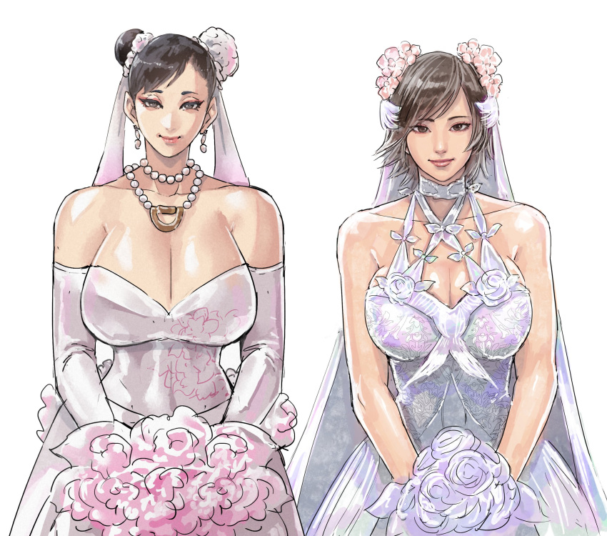 2_girls accessory asian asian_female bare_shoulders big_breasts bouquet breasts bridal_gloves bride brown_eyes brown_hair chinese chun-li cirenk cleavage clothed clothing crossover cute double_bun dress duo duo_focus ear_piercing earrings elbow_gloves female_focus female_only flower flowers gloves hair_accessory hair_bun hair_buns hair_ornament half-length_portrait handwear holding_bouquet holding_object huge_breasts japanese jewelry kazama_asuka light-skinned_female light_skin looking_at_viewer matching_hair/eyes mature_female mommy multiple_girls necklace pearl_necklace pearls piercing portrait sexy sexy_body sexy_breasts short_hair smile smiling_at_viewer street_fighter tekken tied_hair upper_body wedding wedding_dress white_clothing white_dress white_elbow_gloves white_gloves white_handwear wholesome