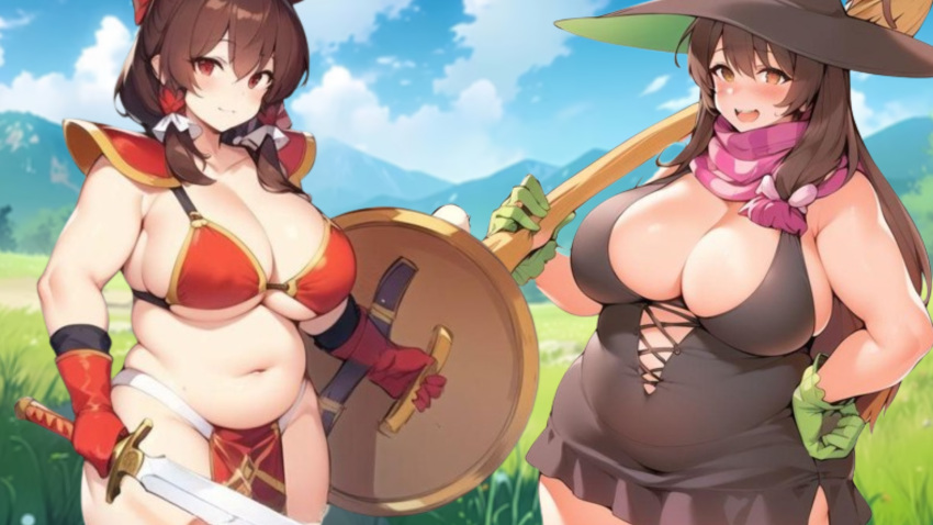 2_girls armor big_breasts bikini_armor breasts brown_eyes brown_hair cookie_(touhou) hakurei_reimu hat kanna_(cookie) long_hair multiple_girls naked_tabard nucky☆ plump red_eyes reimu_hakurei reu_(cookie) scarf shield sword tabard touhou weapon wizard_hat