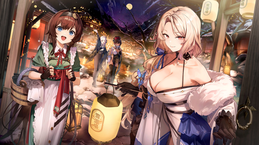 4girls 7gao big_breasts blanc_(nikke) blonde_hair blue_eyes breasts brown_hair cleavage dress fur-trimmed_kimono fur_trim goddess_of_victory:_nikke green_dress high_res japanese_clothes kimono lantern ludmilla_(nikke) medium_breasts mica_(nikke) multiple_girls noir_(nikke) official_art official_wallpaper onsen pantyhose small_breasts white_hair white_kimono