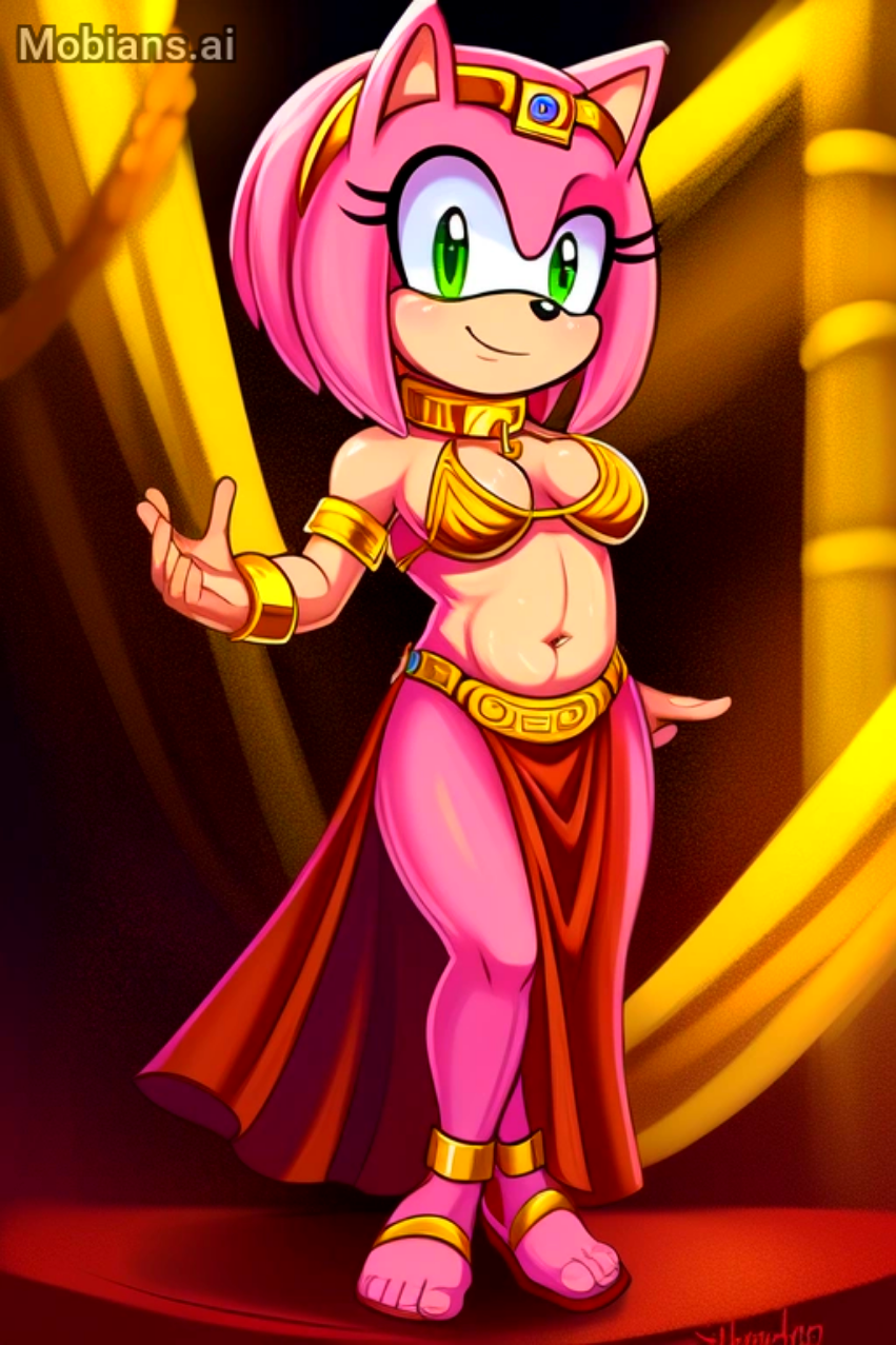 ai_generated amy_rose anthro belly_dancer belly_dancer_outfit breasts female_focus furry furry_female green_eyes navel pink_fur sega slave_leia_(cosplay) sonic_the_hedgehog_(series)