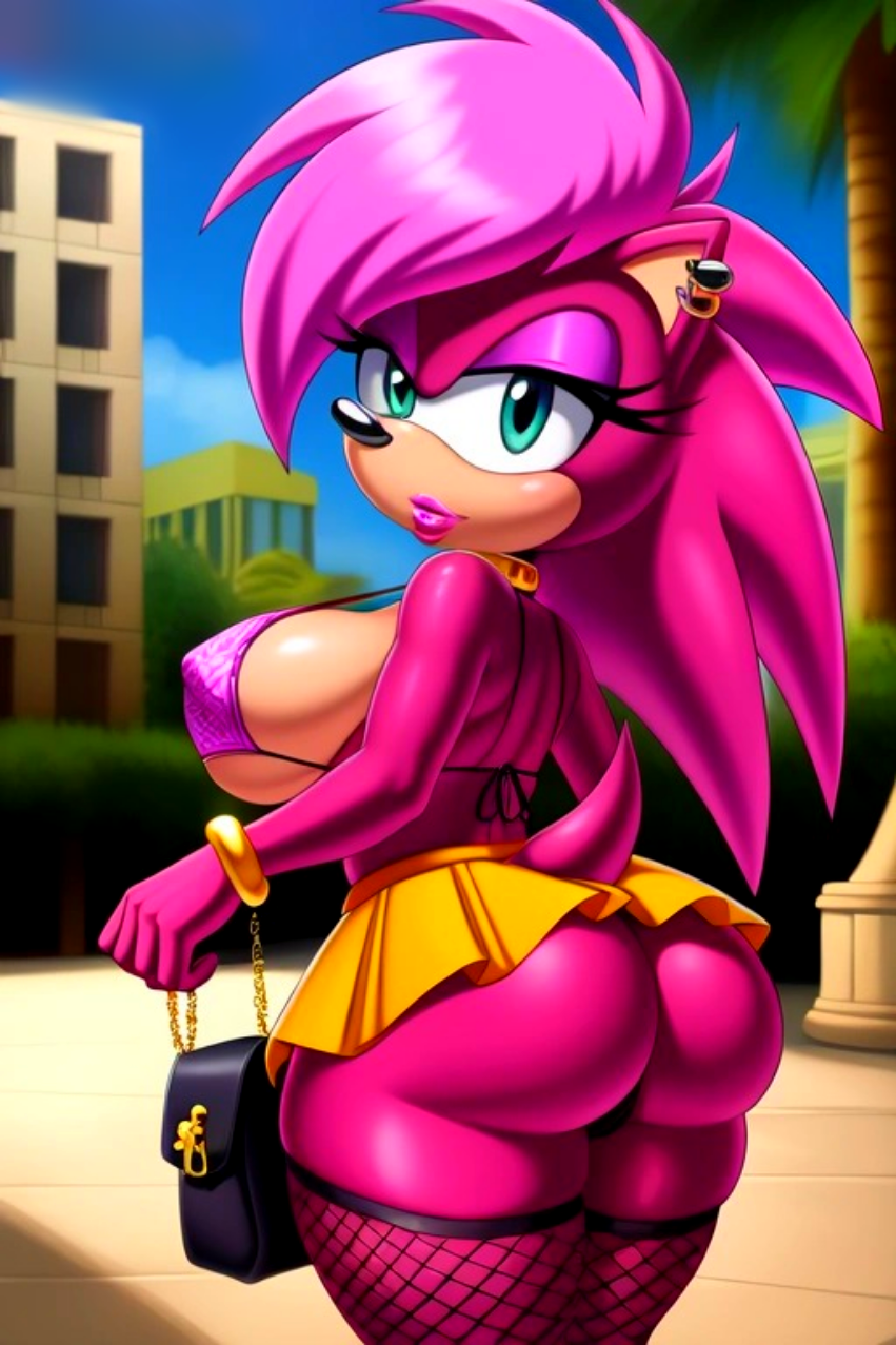 ai_generated ass bikini booty breasts earrings fishnets furry furry_female green_eyes jewelry lips lipstick magenta_fur micro_panties outside pink_hair purple_fur purse round_ass seductive sega skirt slut slutty_outfit sonia_the_hedgehog sonic_the_hedgehog sonic_the_hedgehog_(series)