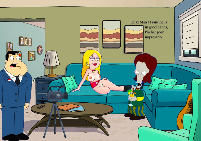 american_dad boots breasts erect_nipples francine_smith red_lipstick roger_(american_dad) shaved_pussy stan_smith thighs