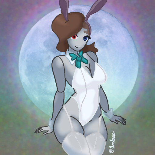 (cosplay) (deco*27/caststation) 1girl at background blue body breasts brown bunny clothed cosplay cosplay ears eyes garter grey hair hatsune hole looking miku moon moonlight only playboy rabbit red squished strapsshaded thick thigh thighs viewer white