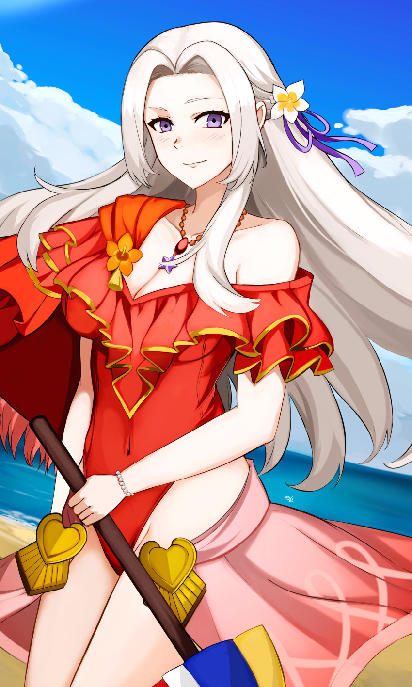 1girl 1girl 1girl alluring alternate_costume edelgard_von_hresvelg edelgard_von_hresvelg_(summer) female_only fire_emblem fire_emblem:_three_houses fire_emblem_heroes kgctcg medium_breasts medium_hair nintendo official_alternate_costume one-piece_swimsuit red_swimsuit swimsuit