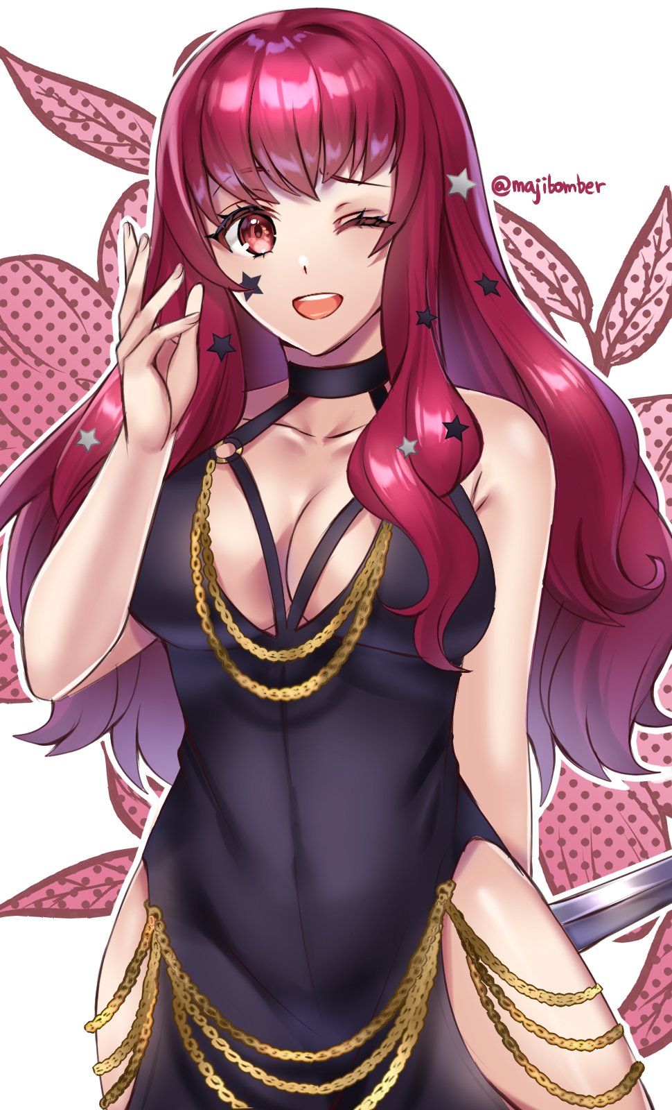 1girl 1girl 1girl alluring arm_behind_back artist_name big_breasts black_dress cleavage dress female_only fire_emblem fire_emblem_engage hair_ornament halterneck high_res hip_vent long_hair looking_at_viewer maji_(majibomber) medium_breasts meme_attire modakawa_dress nintendo one_eye_closed open_mouth red_eyes red_hair smile star_(symbol) star_hair_ornament upper_body yunaka_(fire_emblem)