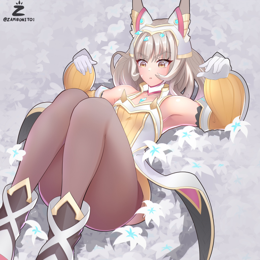 1girl 1girl 1girl alluring black_leggings black_legwear cat_ears flower flowers fully_clothed leggings lying lying_on_back nia nia_(blade)_(xenoblade) nia_(xenoblade) nintendo open_mouth thick_ass thick_thighs wide_hips xenoblade_(series) xenoblade_chronicles_2 yellow_clothing yellow_eyes zambonito