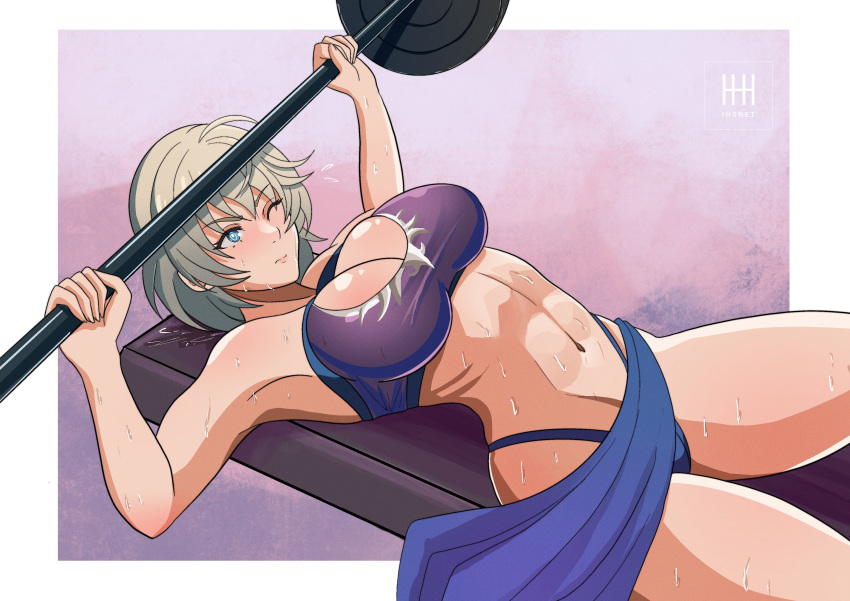 1girl 1girl absurd_res alluring athletic_female bare_arms bare_shoulders big_breasts blue_eyes commentary exercise fire_emblem fire_emblem_engage fit_female grey_hair high_res ihsnet lying merrin_(fire_emblem) midriff navel nintendo on_back one_eye_closed short_hair sports_bra stomach sweat thighs weightlifting